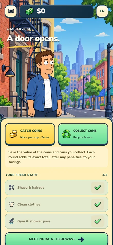 Meet Nora at BlueWave — English pre-release gameplay from Homeless to Millionaire