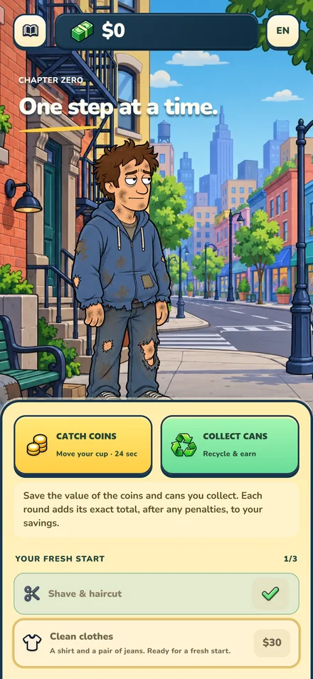 Alex takes his first step forward — English pre-release gameplay from Homeless to Millionaire